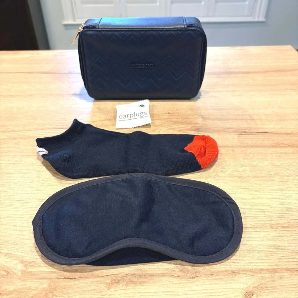 Missoni Navy Blue Zigzag Embossed Travel Amenity Kit Pouch with Eye Mask & Socks